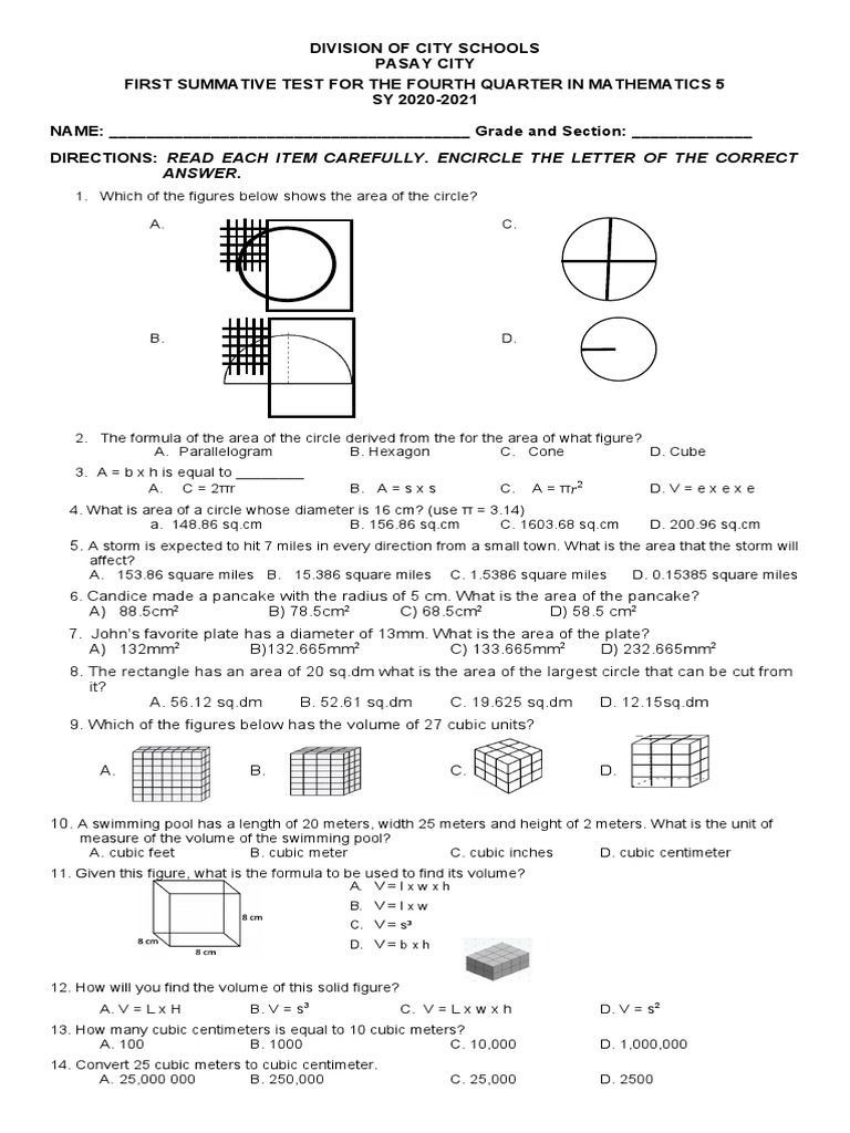 Grade 5 Math Summative Tests Q4 | PDF | Area | Volume