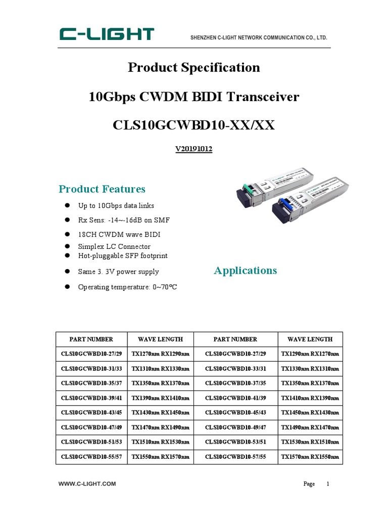 Specification Sheet for 10Gbps CWDM Bidirectional Transceiver Modules