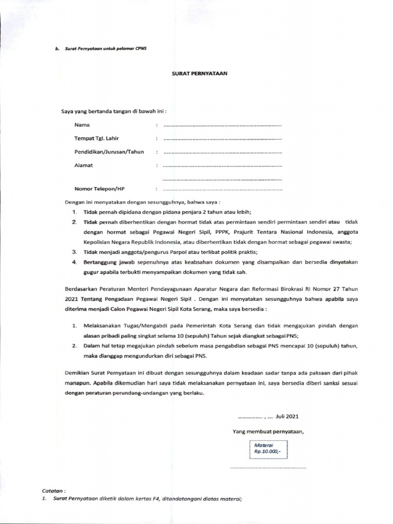 Surat Pernyataan Cpns | PDF