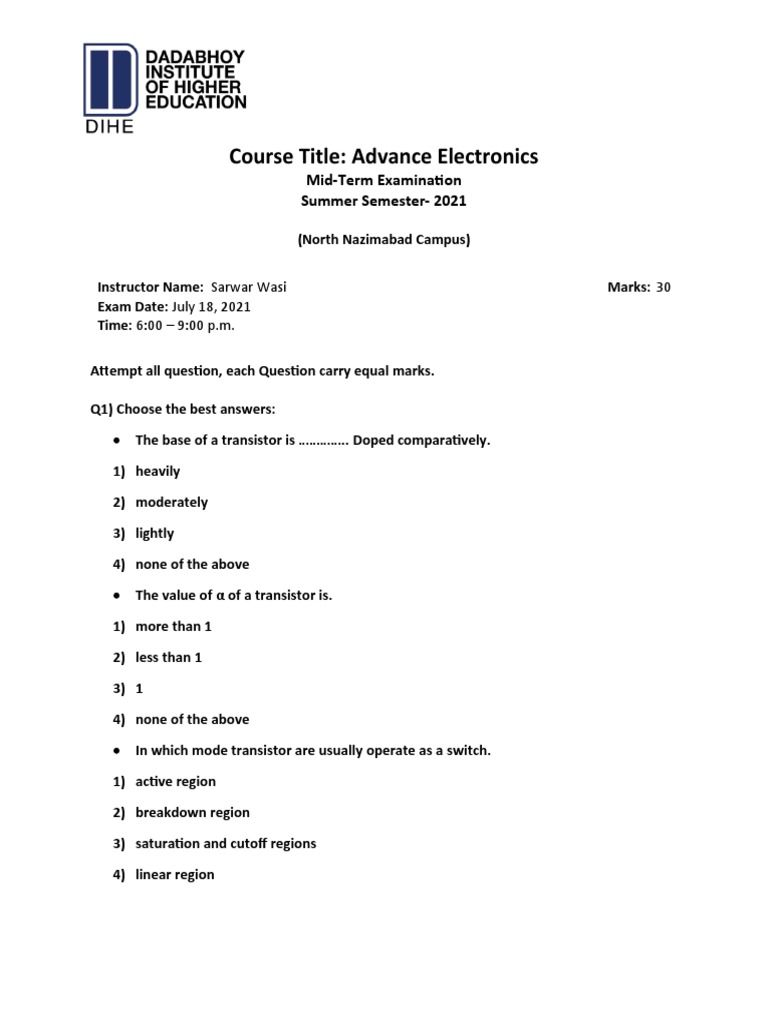 Course Title: Advance Electronics: Mid-Term Examination Summer Semester ...
