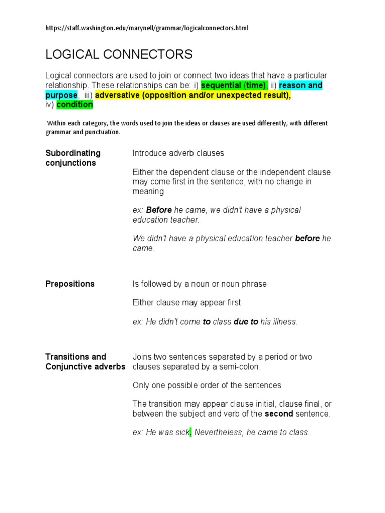 Logical Connectors: Purpose, Iii) Adversative (Opposition And/or ...