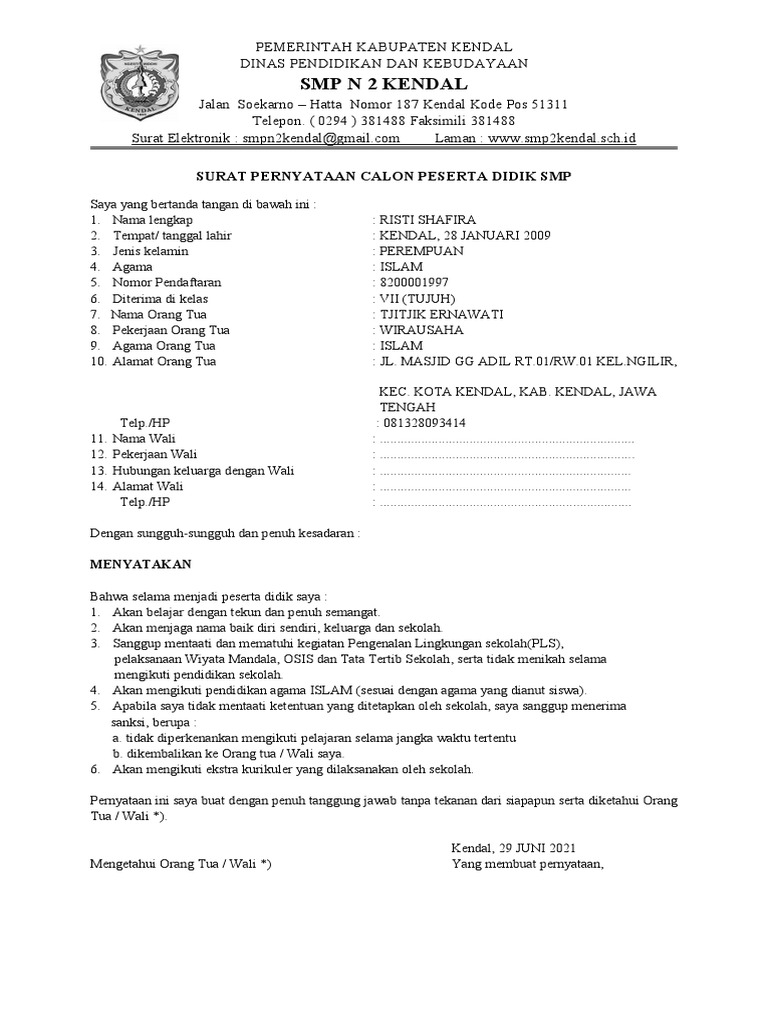 Surat Pernyataan Calon Peserta Didik SMP | PDF