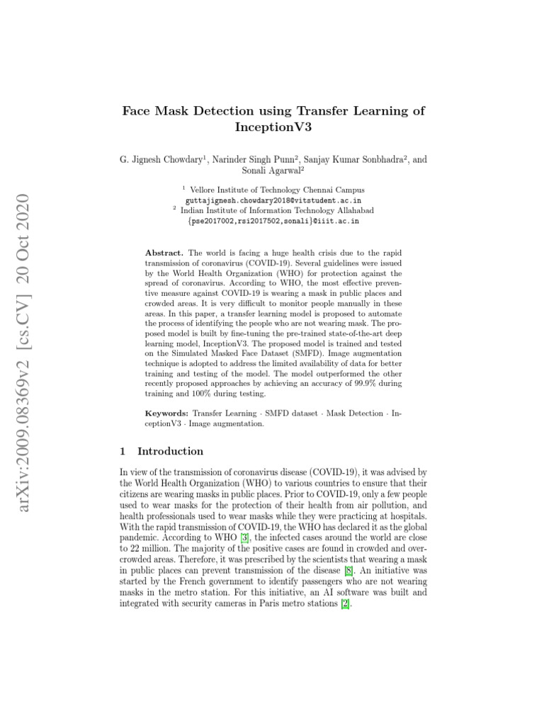 Face Mask Detection Using Transfer Learning of Inceptionv3 PDF Deep