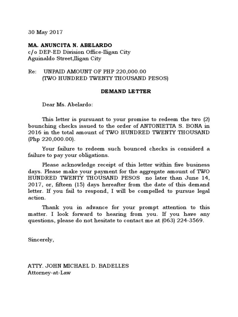 Unpaid Check Demand Letter | PDF
