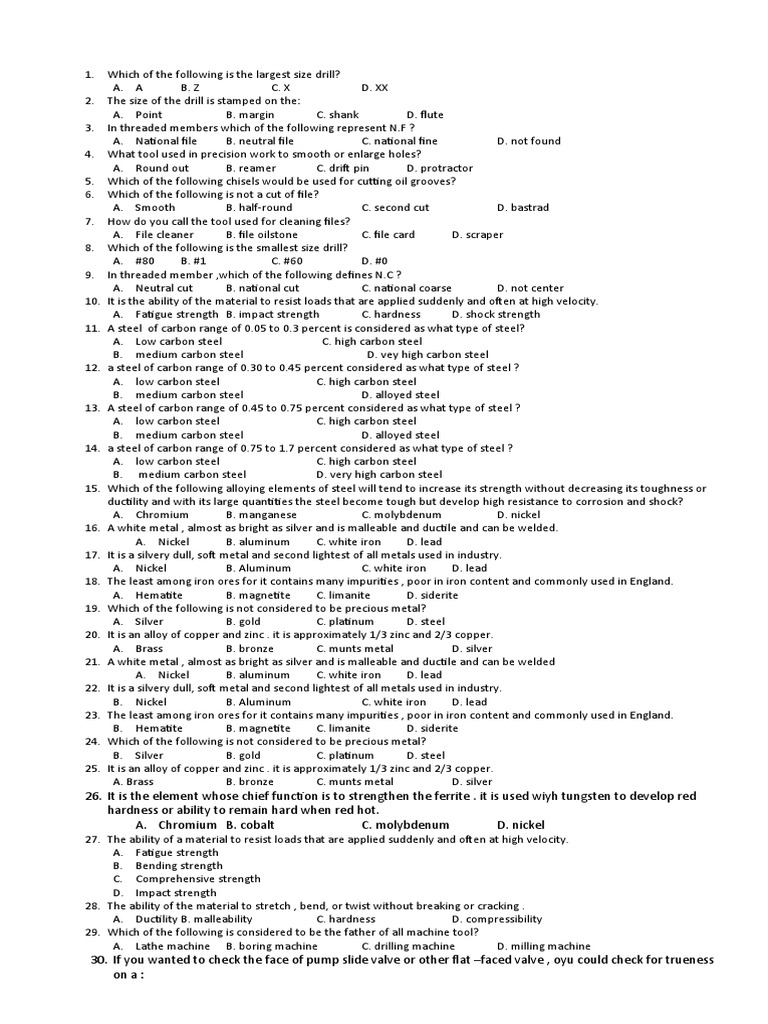 Drill Sizes and Material Properties Quiz | PDF | Steel | Metals