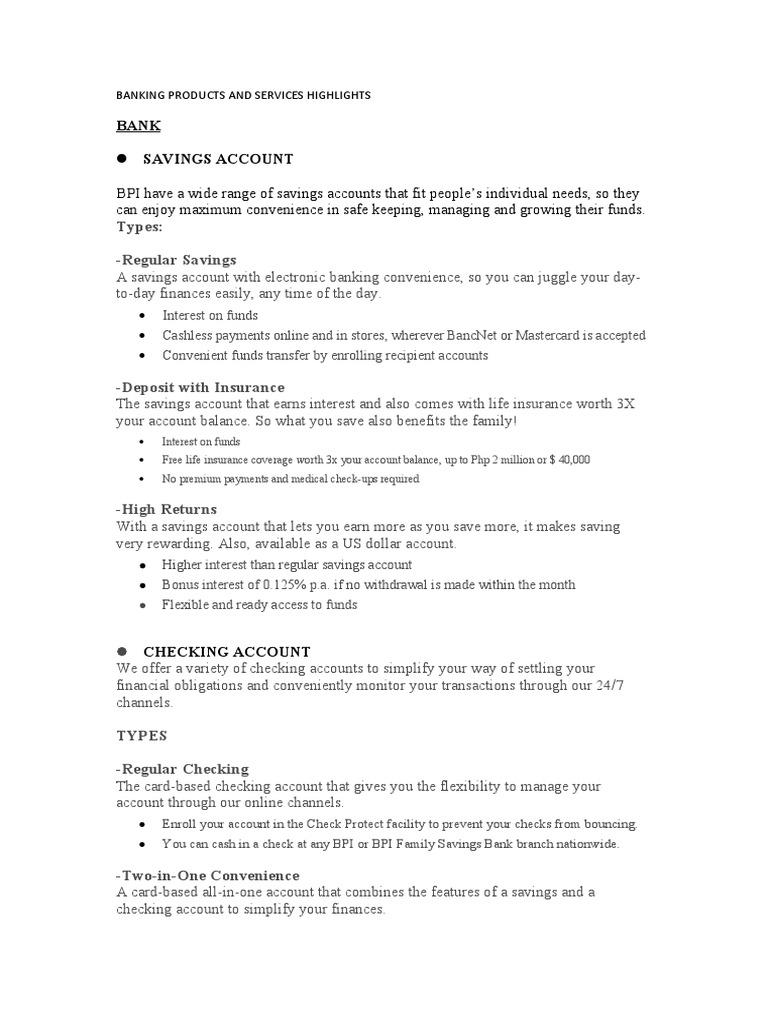 Banking Products and Services Highlights | PDF | Debit Card ...