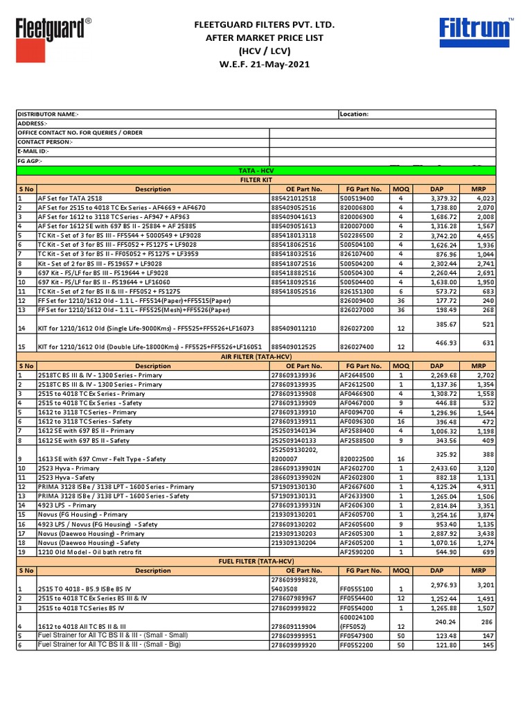 Fleetguard Filters Pvt. Ltd. After Market Price List (HCV / LCV) W.E.F