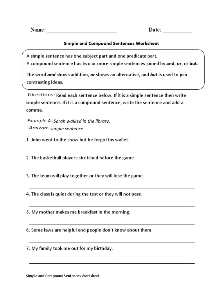 Simple and Compound Sentences Worksheet: Sarah Walked in The Library ...