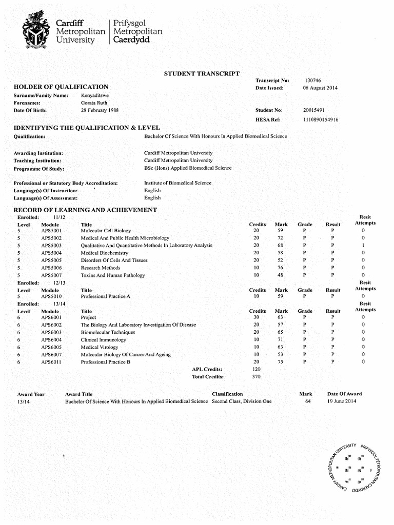 Cardiff Met Transcript | PDF