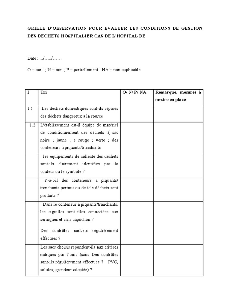 Exemple D Une Grille D Observation GRILLE D'Evaluation Déchet Hospitalier | PDF | Impact humain sur  l'environnement | Déchets