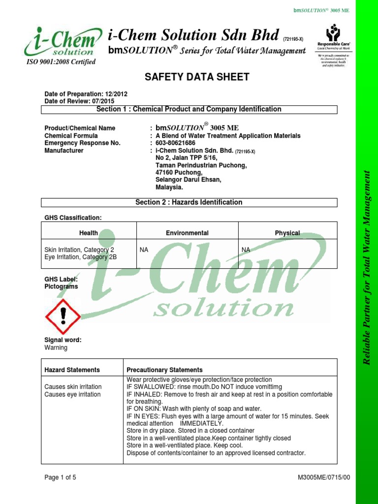 I-Chem Solution SDN BHD: Bmsolution Safety Data Sheet | PDF | Personal ...