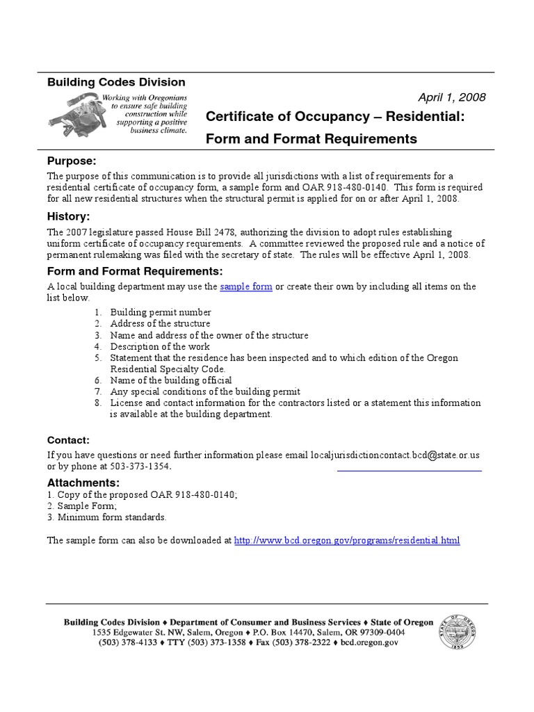Requirements and Sample Form for the New Residential Certificate of ...
