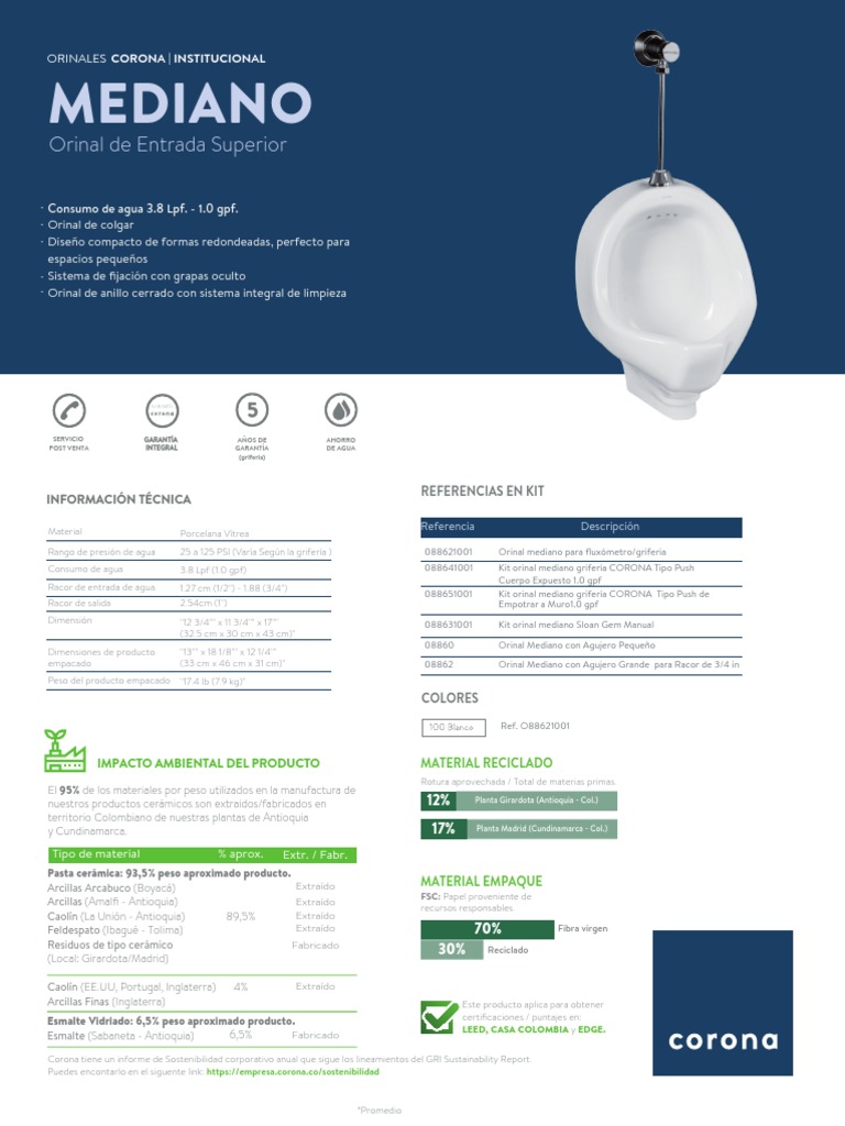 O88621001 Orinal Mediano Entrada Superior Blanco Ficha Tecnica PDF