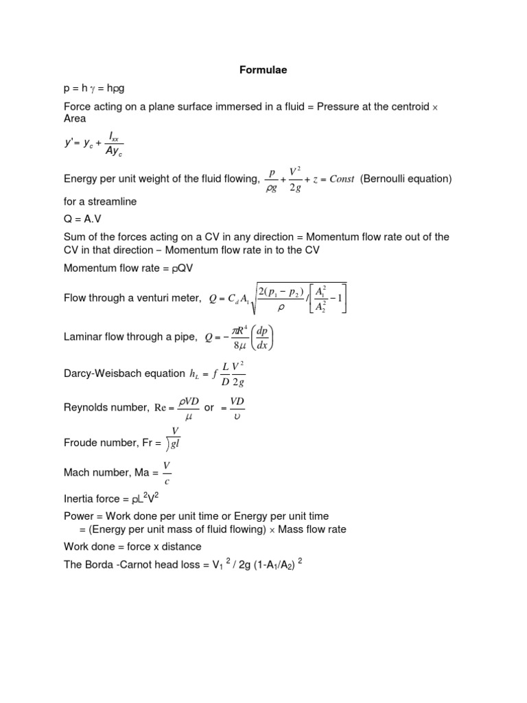 Fluid Dynamics Key Equations | PDF