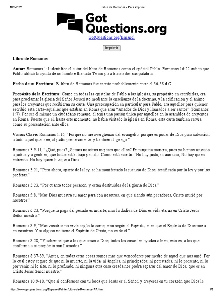 Libro de Romanos - para Imprimir | PDF | Epístola a los romanos | Pablo ...