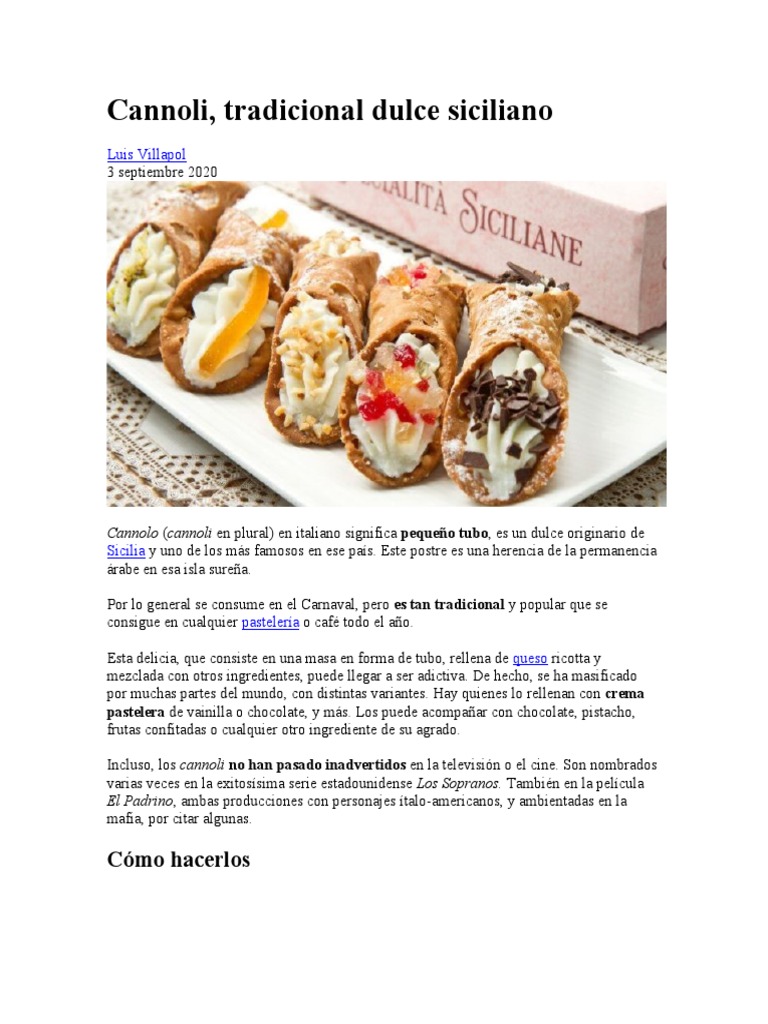 Cannoli Tradicional Dulce Siciliano | PDF | Postres | Cocina occidental, image size:768x1024