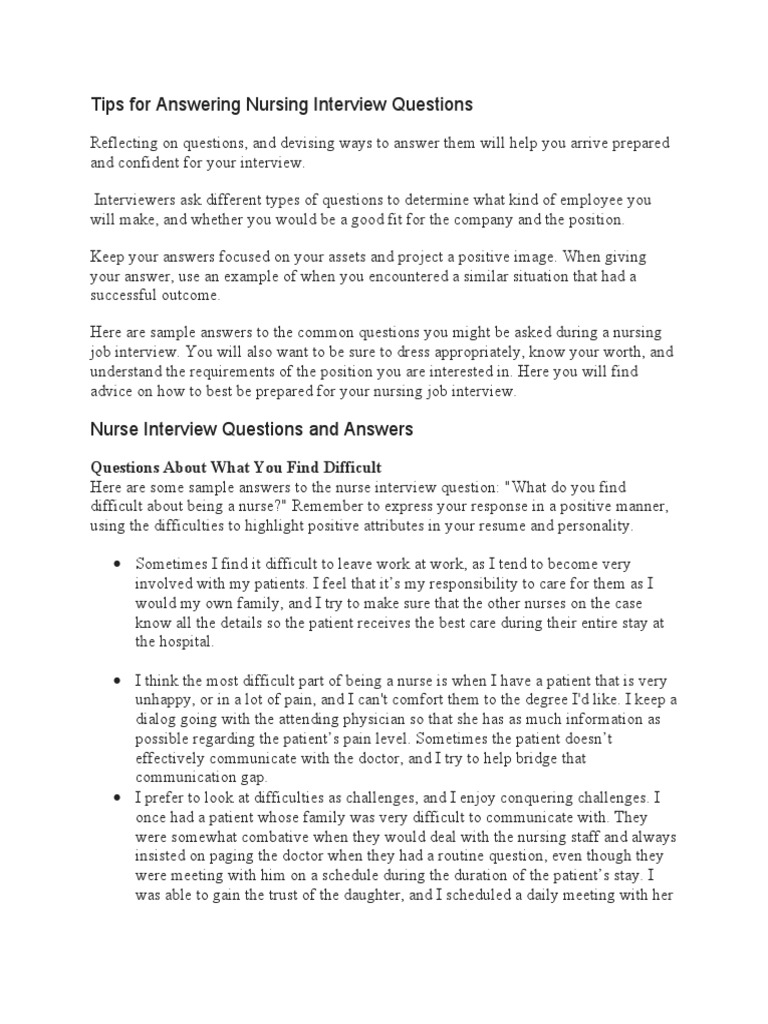 Tips For Answering Nursing Interview Questions PDF Job Interview