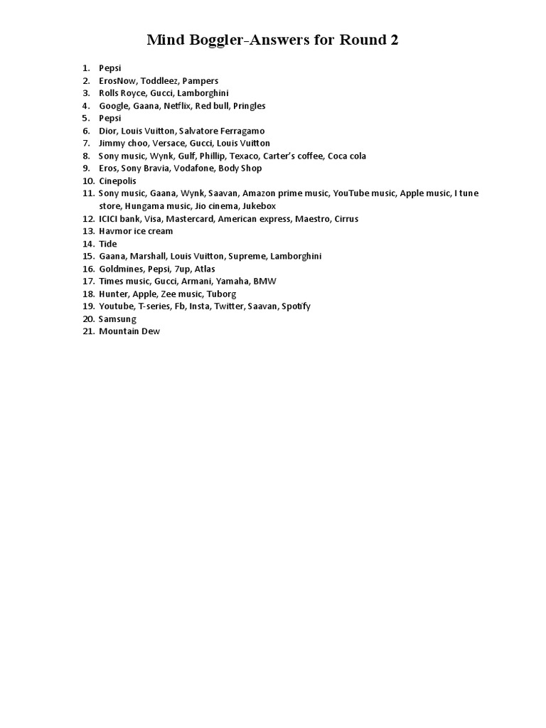 Mind Boogler Round 2 Answers | PDF | Young Adult