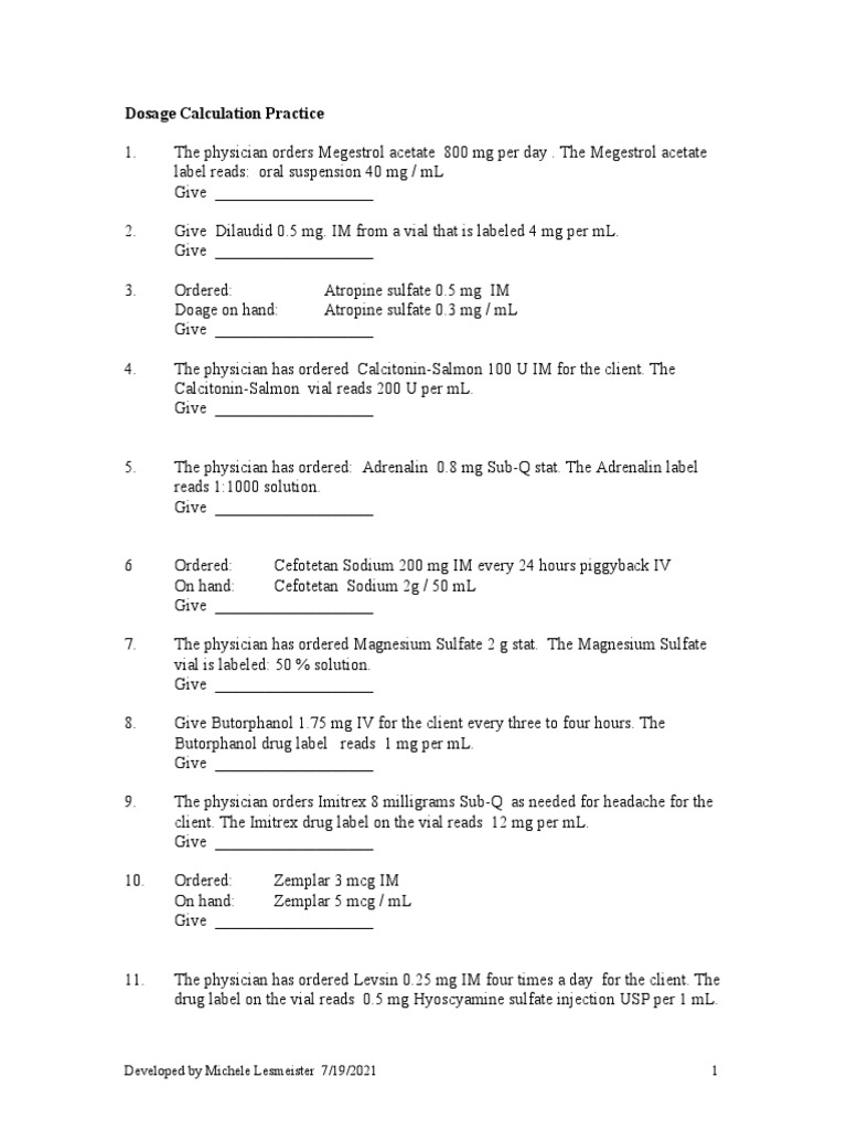 Dosage Calculation Exercises and Answers PDF Teaspoon Dose (Biochemistry)