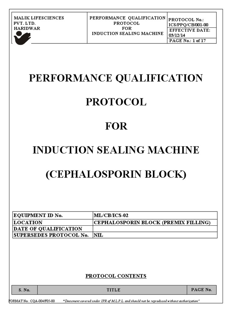 Performance Qualification Protocol FOR Induction Sealing Machine