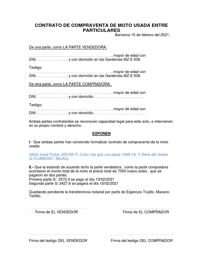 Contrato de Compraventa de Moto Usada | PDF | Finanzas y dinero