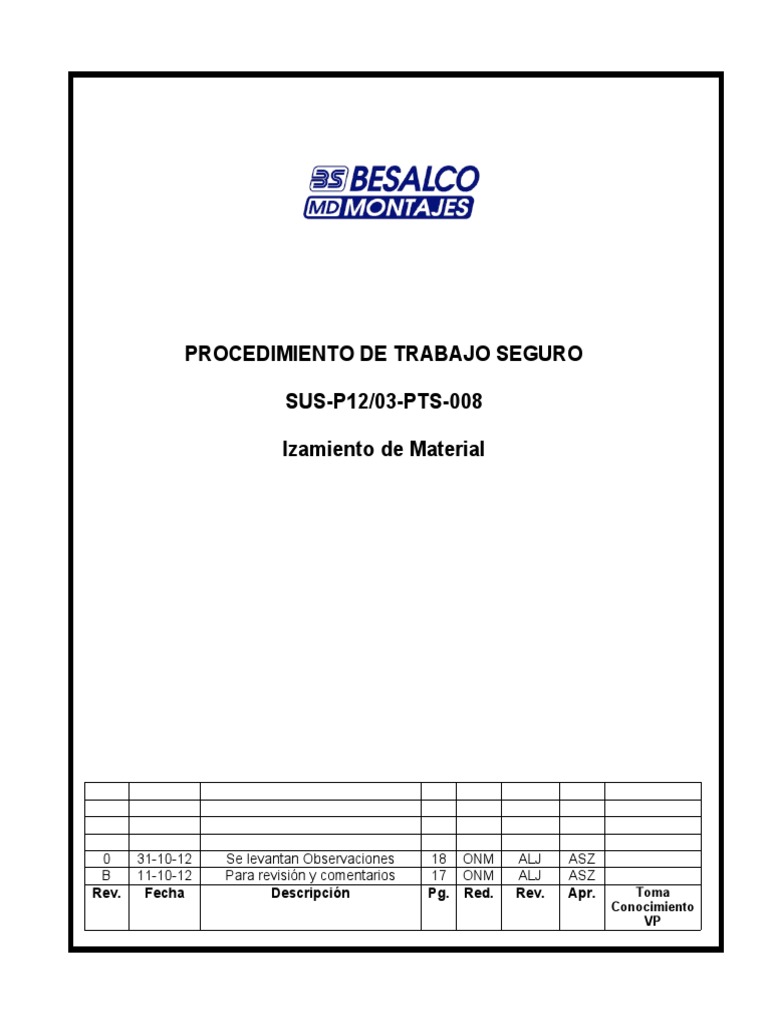 PTS 008 IZAMIENTO DE CARGAS Rev. 0 PDF Grúa (máquina) Science