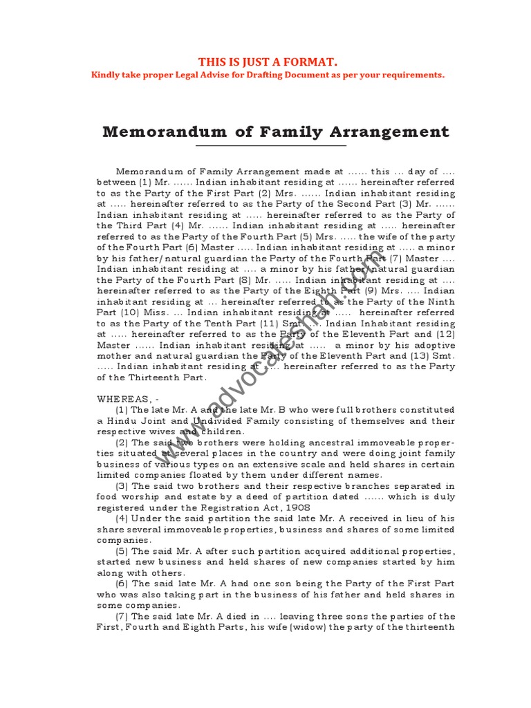 Deed of Family Arrangement PDF Partnership Mediation
