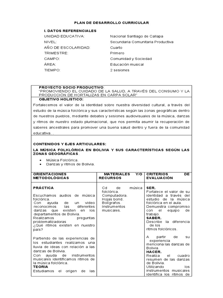 Plan de Desarrollo Curricular | Descargar gratis PDF | Folklore | Bolivia