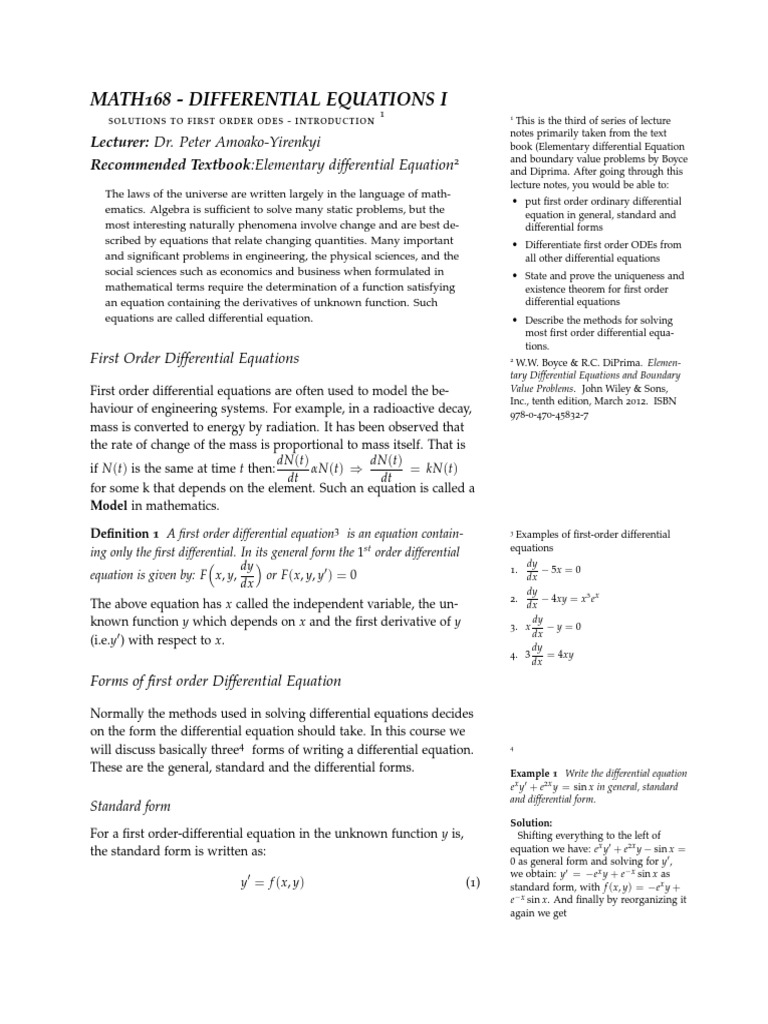 3 0 Solutions First Order Odes Introduction Tex | PDF | Ordinary ...