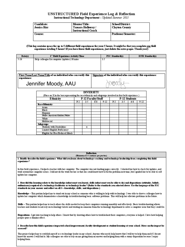 7400unstructured Field Experience Log Summer 2015 1 1 PDF Special Education Teachers