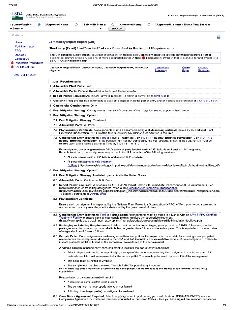 USDA APHIS Fruits and Vegetables Import Requirements (FAVIR) PDF