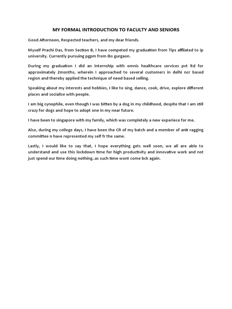 My Formal Introduction To Faculty and Seniors | PDF