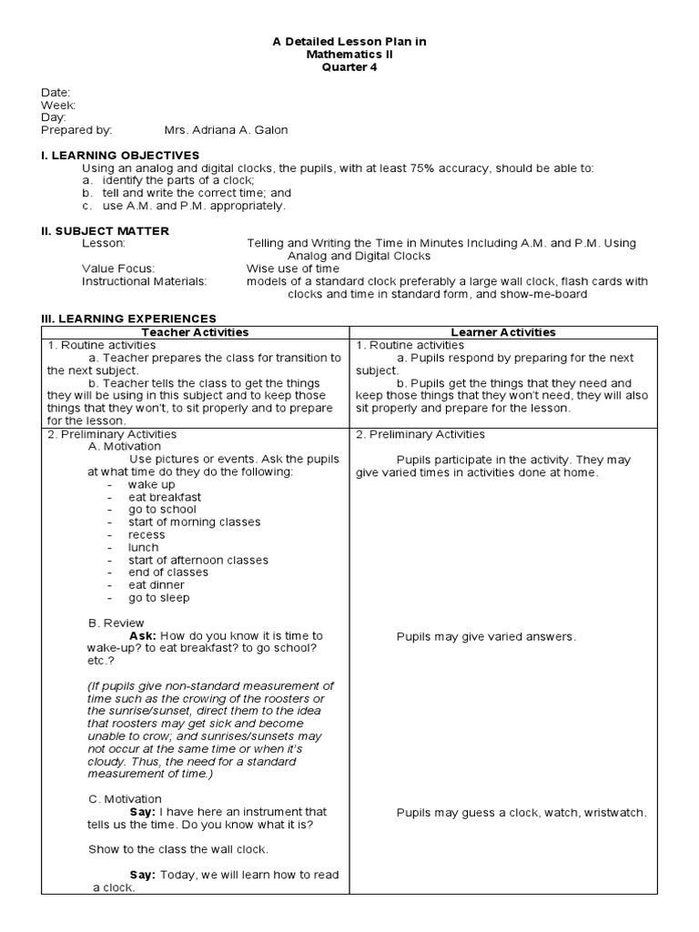 A Detailed Lesson Plan in Mathematics 2 Q4 | Download Free PDF | Clock ...