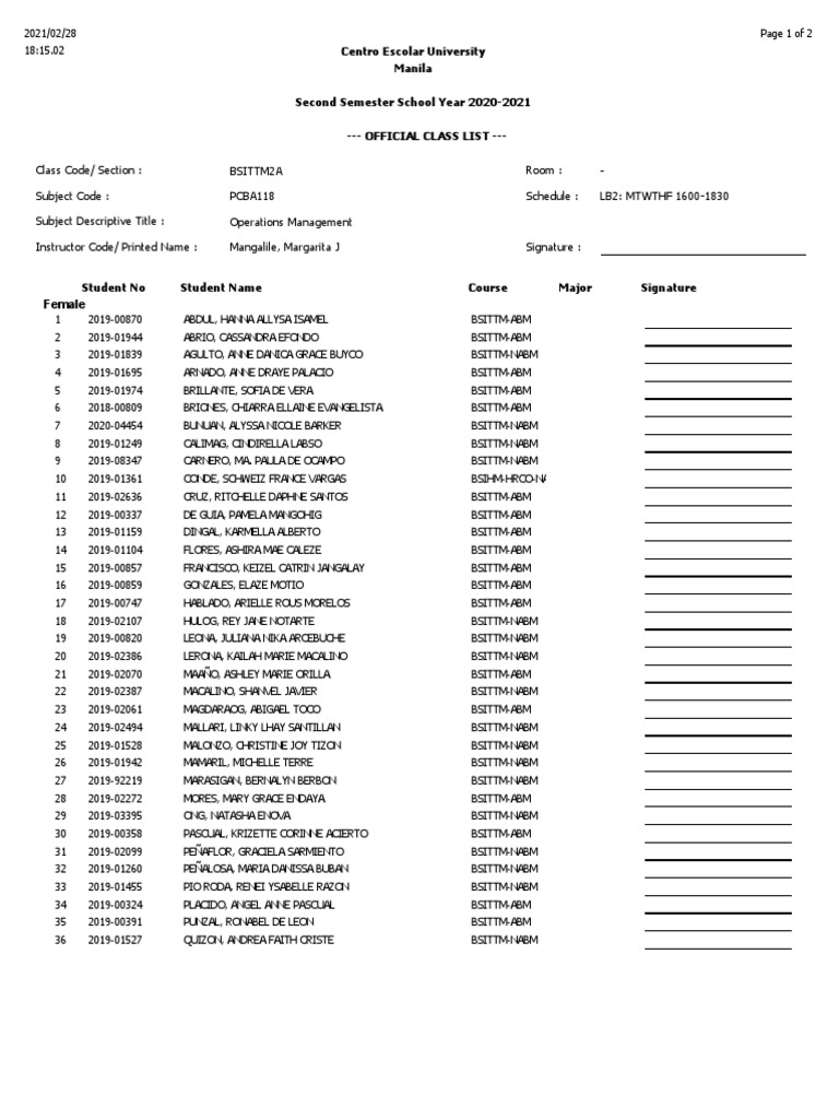 Female: Centro Escolar University Manila Second Semester School Year ...