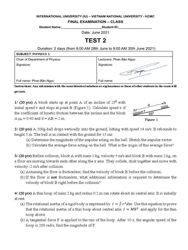 Physics 1 Final Exam June 2021 | PDF | Rotation Around A Fixed Axis ...