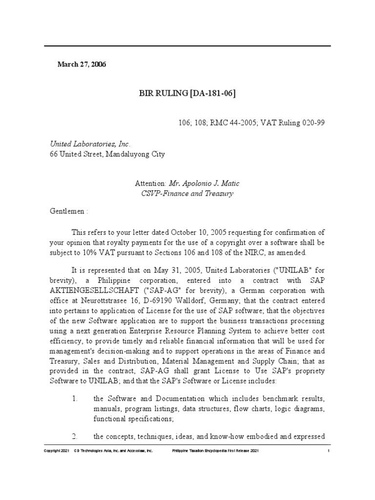 BIR Ruling No. DA-181-06 Dated Mar. 27, 2006 | PDF | Royalty Payment ...