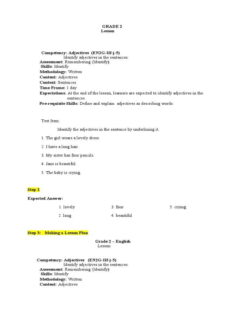 Grade 2 Adjective Lesson Plan | PDF | Adjective | Teaching