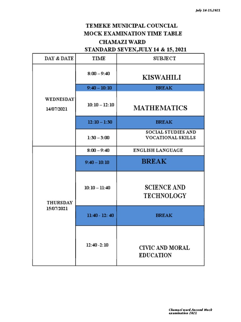 Chamazi Ward Mock Exam Timetable 2021 | PDF