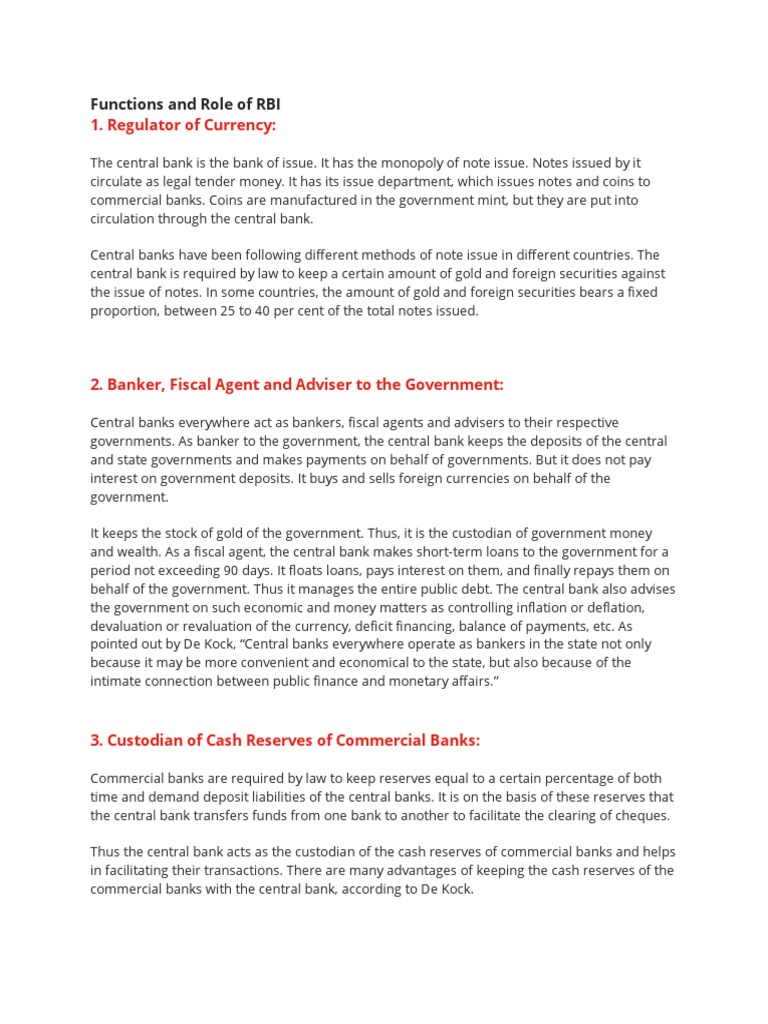 Functions and Role of RBI | PDF | Central Banks | Banks