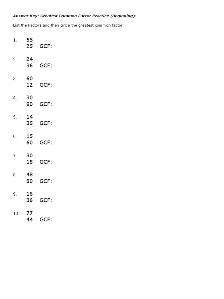 Greatest Common Factor Practice Beginning | PDF