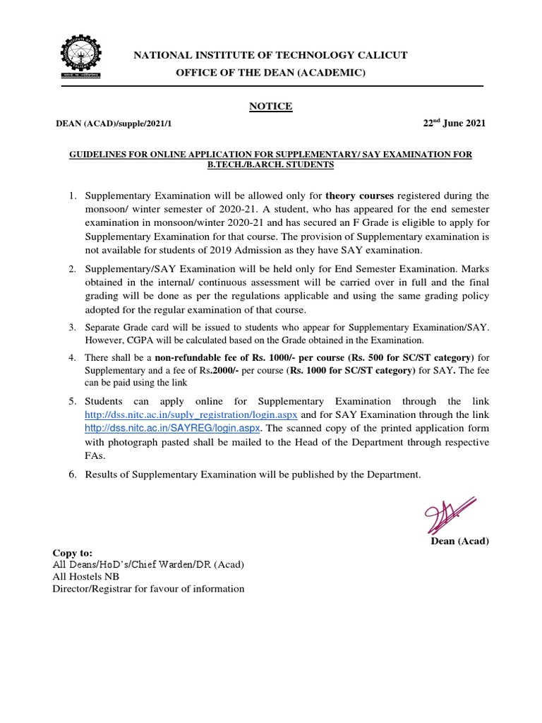 NIT Calicut Supplementary Exam Guidelines | PDF