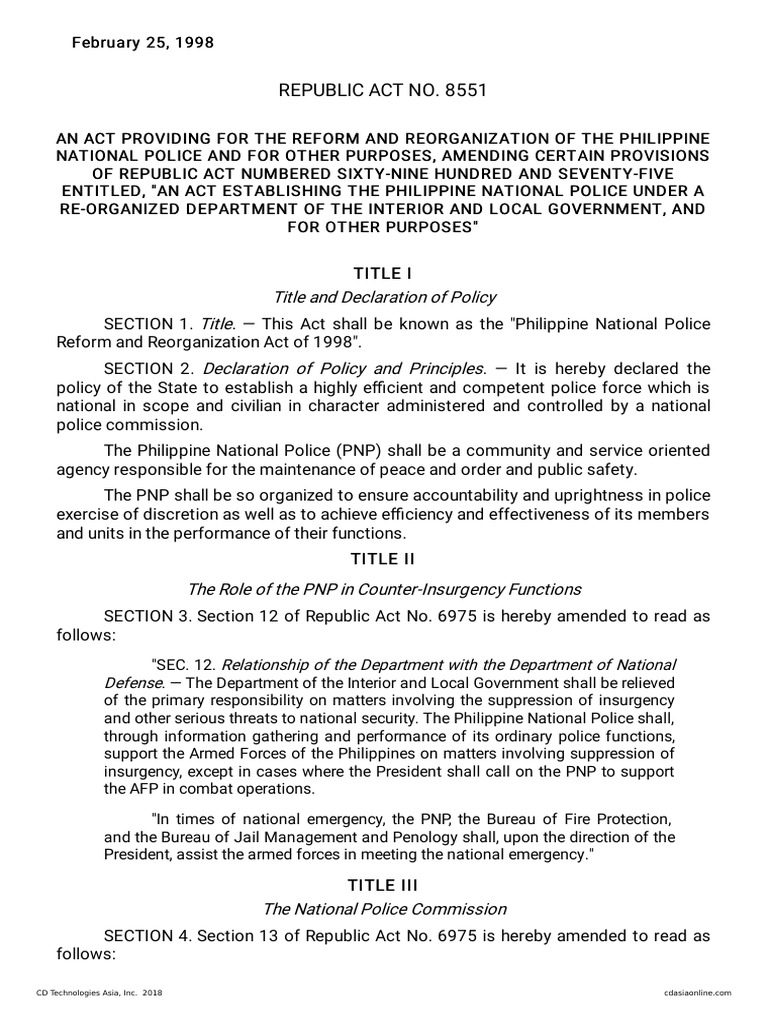 RA 8551, PNP Reform and Reorganization Act of 1998 | PDF | Police ...
