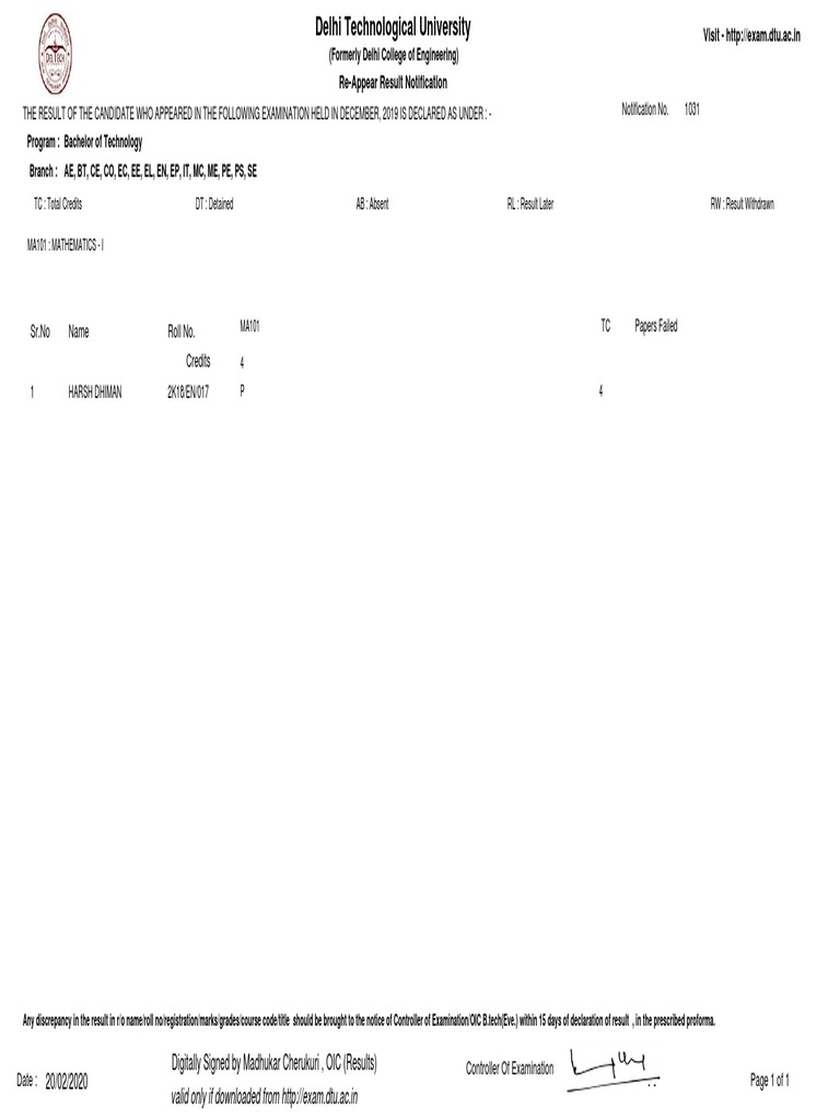 DTU B.Tech Dec 2019 Exam Results | PDF | Engineering | Computer Engineering