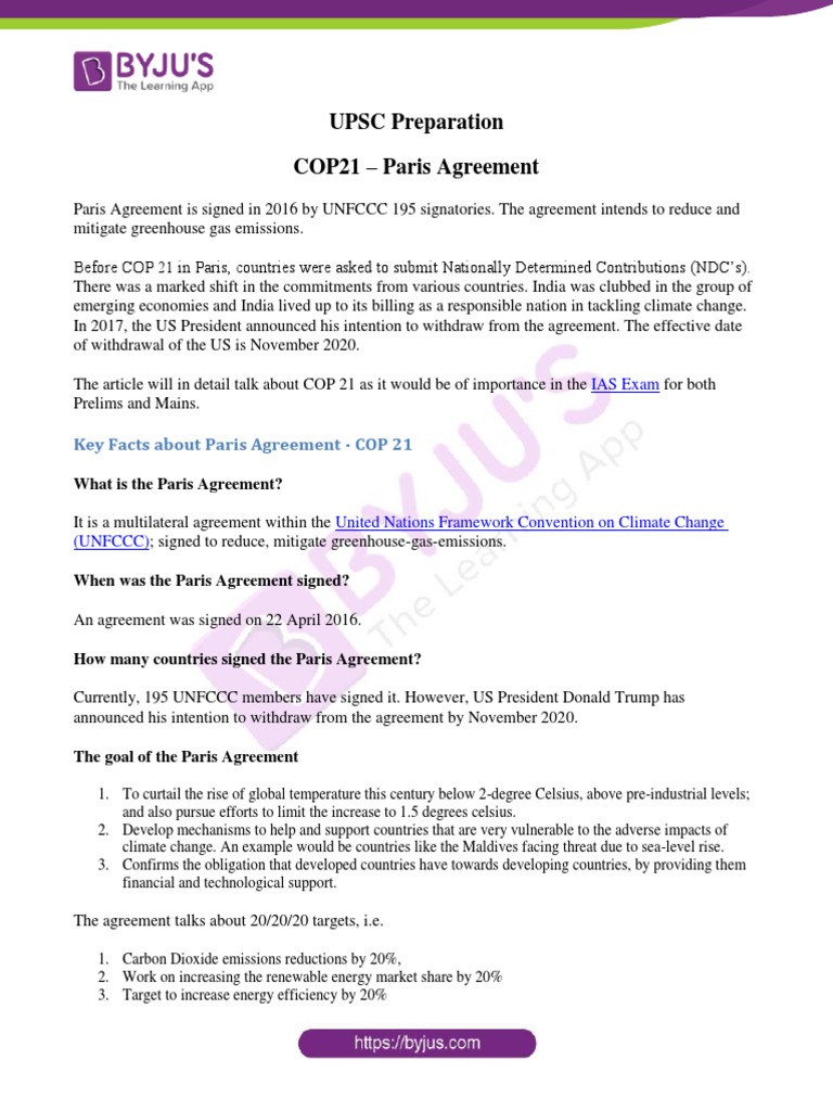 UPSC Preparation COP21 - Paris Agreement | PDF | United Nations ...