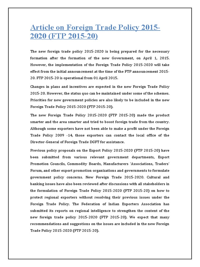 India Foreign Trade Policy 2015-2020 | PDF | Trade | Exports