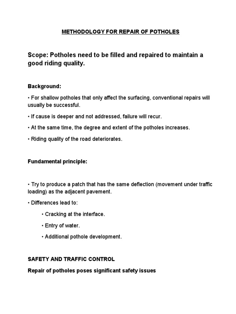 Pothole Repair Methodology Guide | PDF | Asphalt | Road