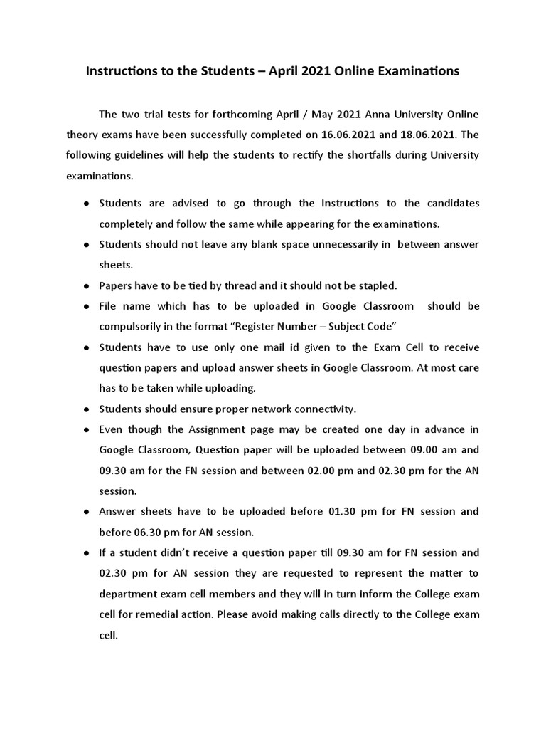 Instructions To The Students | PDF