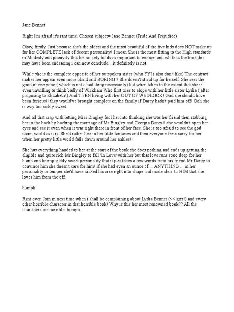 Pride & Prejudice Character Rants | PDF | Pride And Prejudice | Mr. Darcy