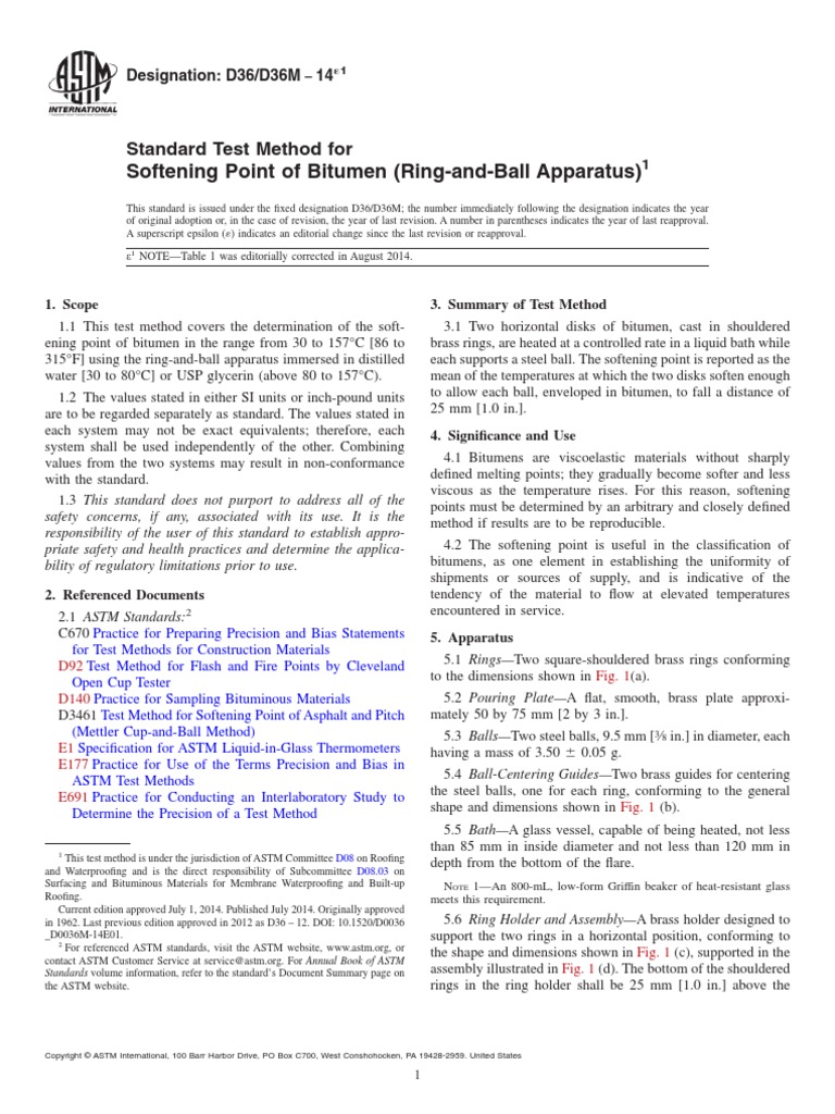 Softening Point Test for Bitumen | PDF