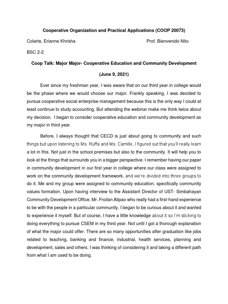 Coop Talk Major Major PDF Cognition Further Education